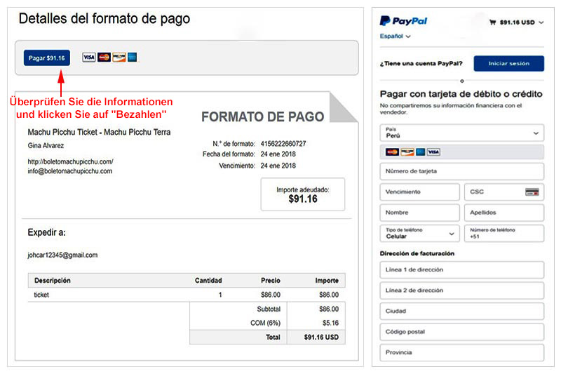 Paypal-Ticket Machu Picchu Zahlungsformular Paypal-Ticket Machu Picchu